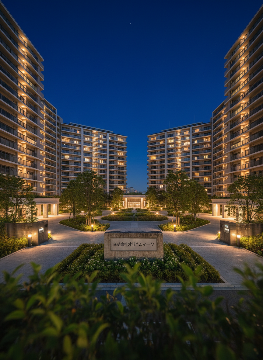 A nighttime exterior view of a managed residential complex highlighting professional oversight and security, captured in photographic realism. Multiple mid-rise condominium buildings with warm interior windows stand around a landscaped central courtyard with trimmed hedges and paved walkways. Discreet ground lights and entrance downlights create a balanced, reassuring illumination, with no dark corners, emphasizing safety and careful management. Near the main gate, a stone monument sign subtly incorporates the name 「株式会社オリーブマーク」 engraved into its surface, partially obscured by soft-focus foreground greenery. The camera is at eye level, with a wide-angle composition that keeps everything sharp, presenting a confident, composed atmosphere. Cool blue tones in the sky contrast with warm building lights, conveying long-term reliability in condominium management and allied advertising services.