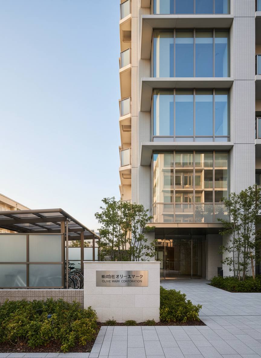 A sleek, contemporary condominium tower with clean white and glass facades, seen from a slightly elevated angle in photographic realism. Discreet, elegant signage near the entrance displays 「株式会社オリーブマーク」 on a brushed metal panel, suggesting reliable management. The building is surrounded by carefully maintained greenery, wide paving stones, and covered bicycle parking, hinting at thoughtful residential planning. Soft late-afternoon natural light creates gentle reflections on the windows and subtle shadows along the balconies, emphasizing order and structure. The sky is clear and pale blue, contributing to a calm, professional mood. The composition follows the rule of thirds, with sharp focus throughout, conveying trust, stability, and competence in condominium management and related advertising services.