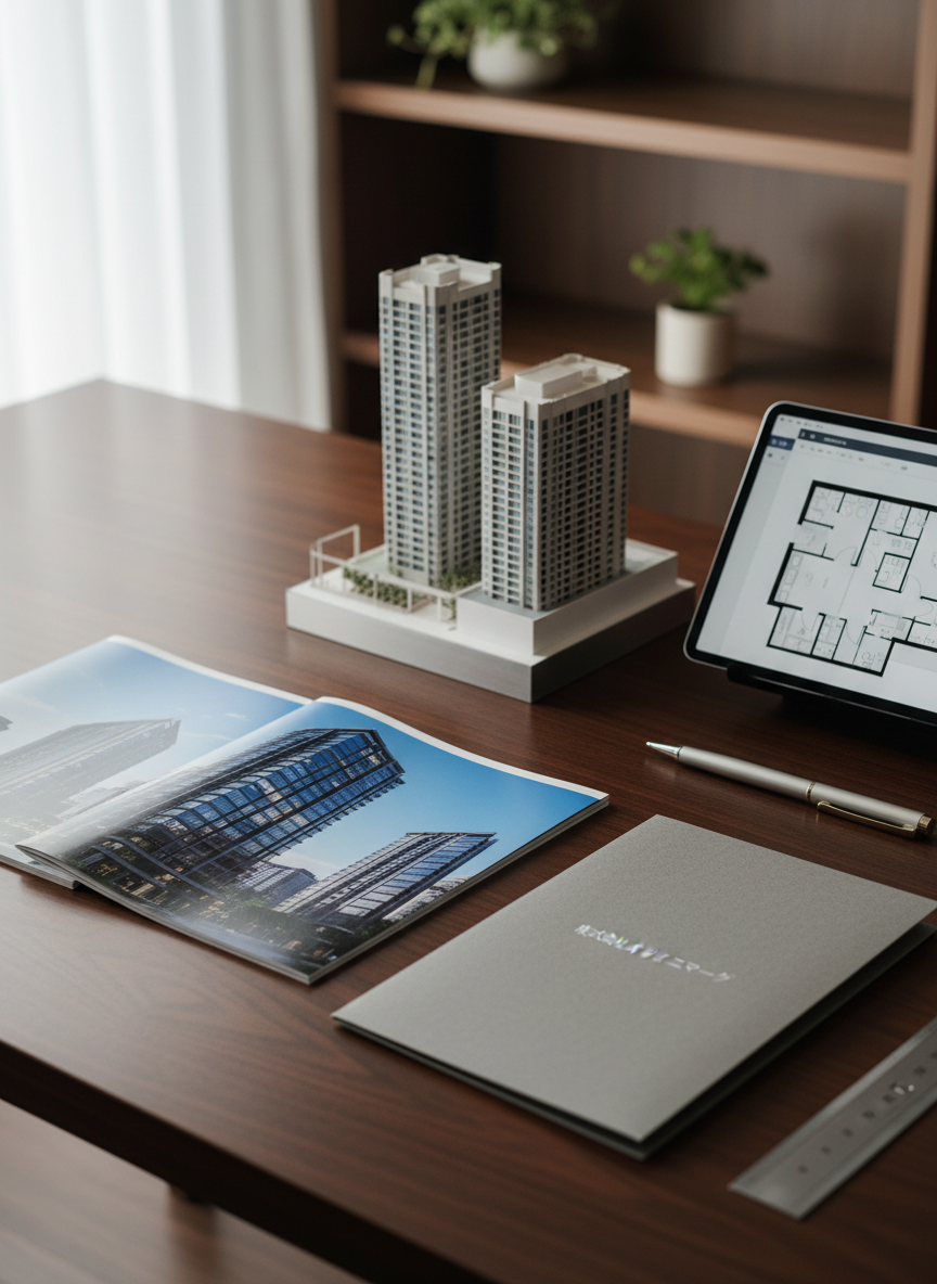 A detailed close-up of a polished desk scene portraying professional condominium advertising planning, in photographic realism. On a smooth, dark walnut surface lie neatly stacked brochures featuring high-rise residences, an open tablet showing a floor plan, and a minimalist folder subtly embossed with 「株式会社オリーブマーク」 in silver, slightly out of focus so the text is suggested rather than fully readable. A small architectural model of a condominium complex sits beside a chrome pen and a precise metal ruler. Soft window light from the left creates controlled highlights on the glossy brochure covers and casts crisp but gentle shadows, emphasizing clarity and order. The background fades into tasteful blur with neutral-toned shelves and plants, evoking trust, meticulous attention to detail, and competent advertising support for housing projects.