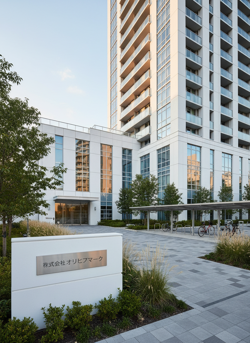 A sleek, contemporary condominium tower with clean white and glass facades, seen from a slightly elevated angle in photographic realism. Discreet, elegant signage near the entrance displays 「株式会社オリーブマーク」 on a brushed metal panel, suggesting reliable management. The building is surrounded by carefully maintained greenery, wide paving stones, and covered bicycle parking, hinting at thoughtful residential planning. Soft late-afternoon natural light creates gentle reflections on the windows and subtle shadows along the balconies, emphasizing order and structure. The sky is clear and pale blue, contributing to a calm, professional mood. The composition follows the rule of thirds, with sharp focus throughout, conveying trust, stability, and competence in condominium management and related advertising services.