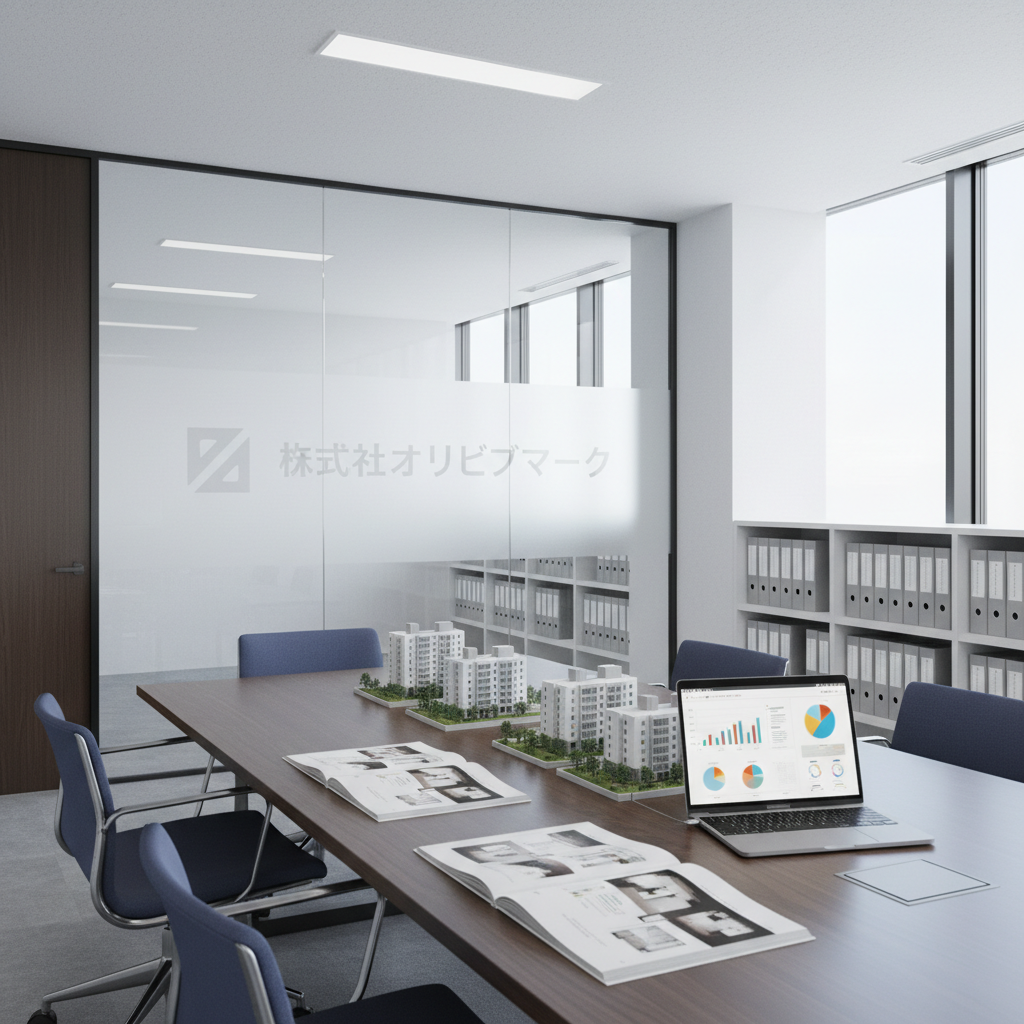 A bright, modern office workspace dedicated to advertising and condominium management, rendered in photographic realism. A large, dark-wood conference table holds neatly arranged architectural models of residential buildings, open portfolios showing concept layouts without legible text, and a slim laptop displaying charts and diagrams. On the glass wall in the background, a frosted logo-style emblem incorporates the company name 「株式会社オリーブマーク」 without sharp readability, symbolizing brand presence. Soft overhead LED lighting and daylight from tall windows combine to create a clear, even illumination with minimal shadows. The mood is focused and orderly, with cool neutral tones, metal accents, and organized shelves of labeled binders, communicating professionalism, strategic planning, and trustworthy service in real estate advertising and management.